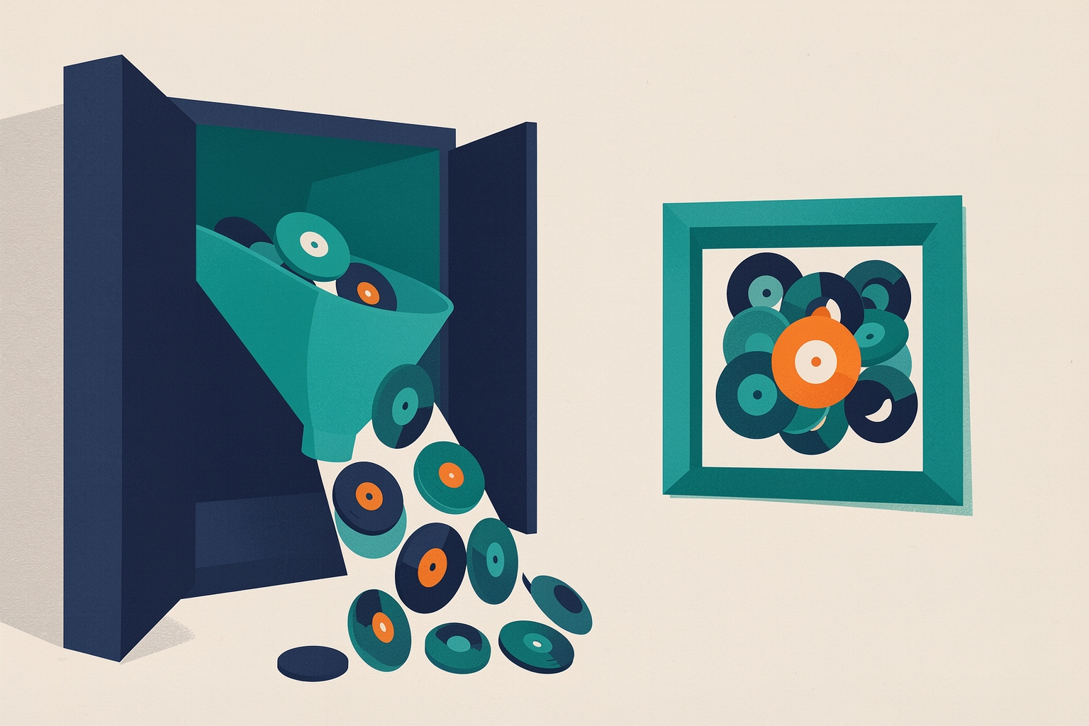 A flat editorial illustration on a neutral background shows a navy cabinet with an open door. A teal funnel inside the cabinet pours out several teal and navy discs.