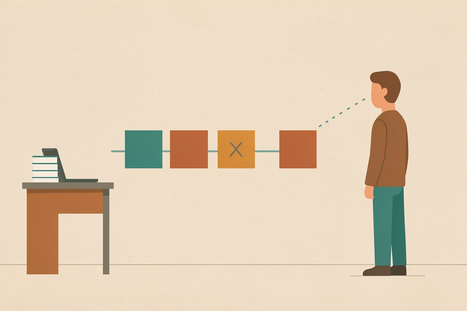 A flat editorial illustration of a person looking at a sequence of colored squares on a line, representing progress milestones. A dashed line connects the person to the squares, and a desk with a laptop is on the left.