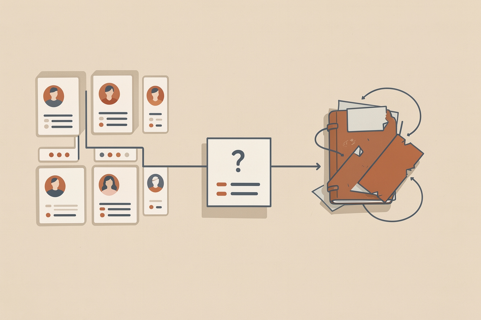 A flat editorial illustration showing profile cards on the left, a central box with a question mark, and a folder on the right, representing the choice between a matching platform and a personal network.