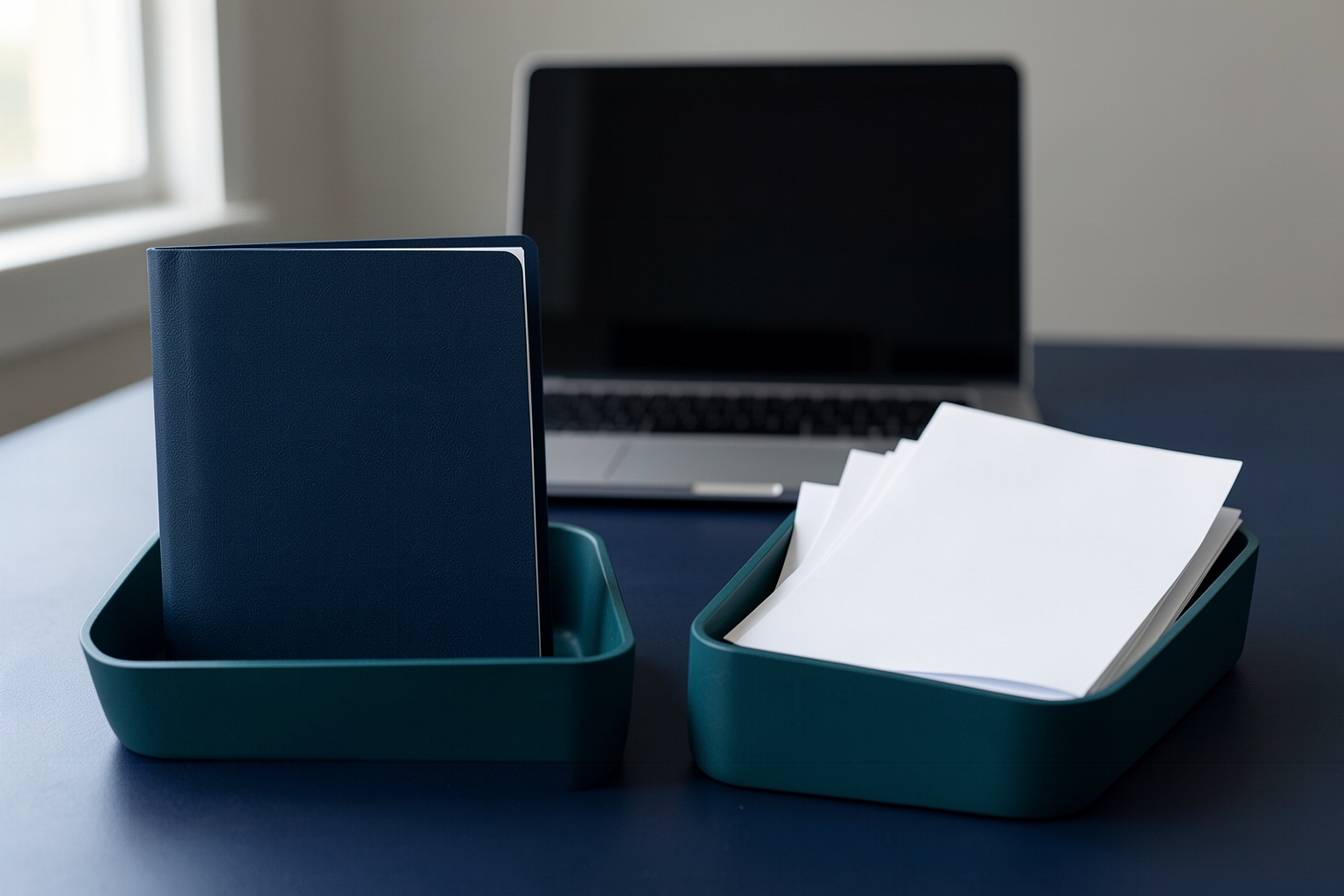 A photographic still life on a dark blue surface featuring two teal trays. One tray holds a navy blue notebook, and the other holds several sheets of white paper. A laptop is visible in the blurred background.