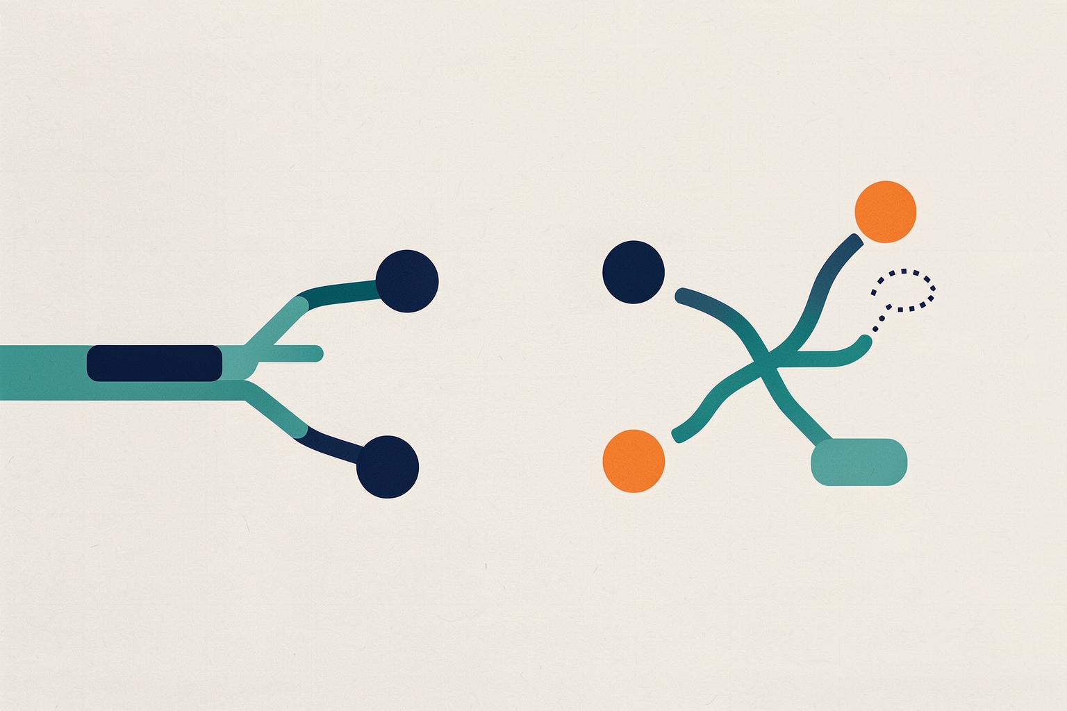 A flat editorial illustration on a textured neutral background showing two different path structures. On the left, a teal line splits into two navy paths ending in circles.