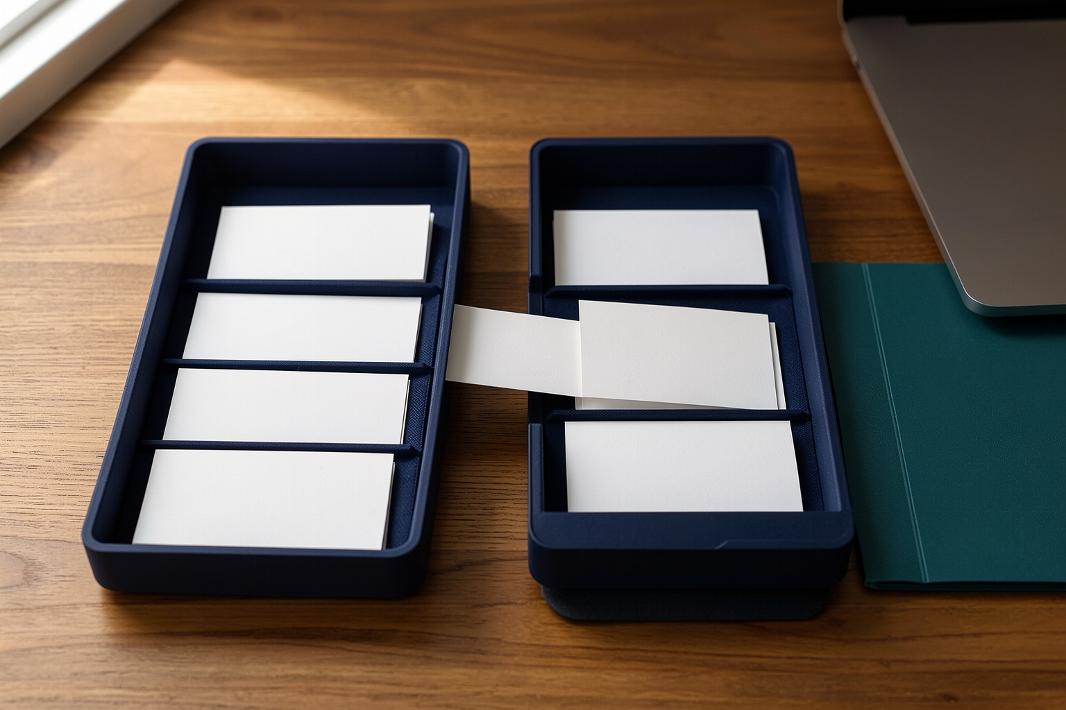 A photographic still life of two navy blue sorting trays on a wooden desk, with a white card bridging the gap between them to represent a handoff. A teal notebook and a laptop edge are visible.