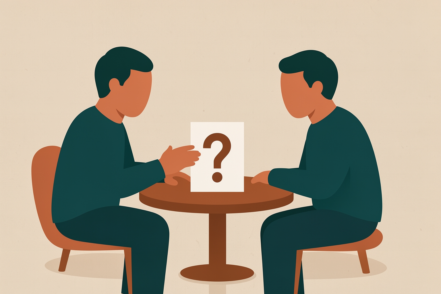 A flat editorial illustration of two stylized people sitting at a round table, facing each other in conversation, with a piece of paper featuring a large question mark between them.