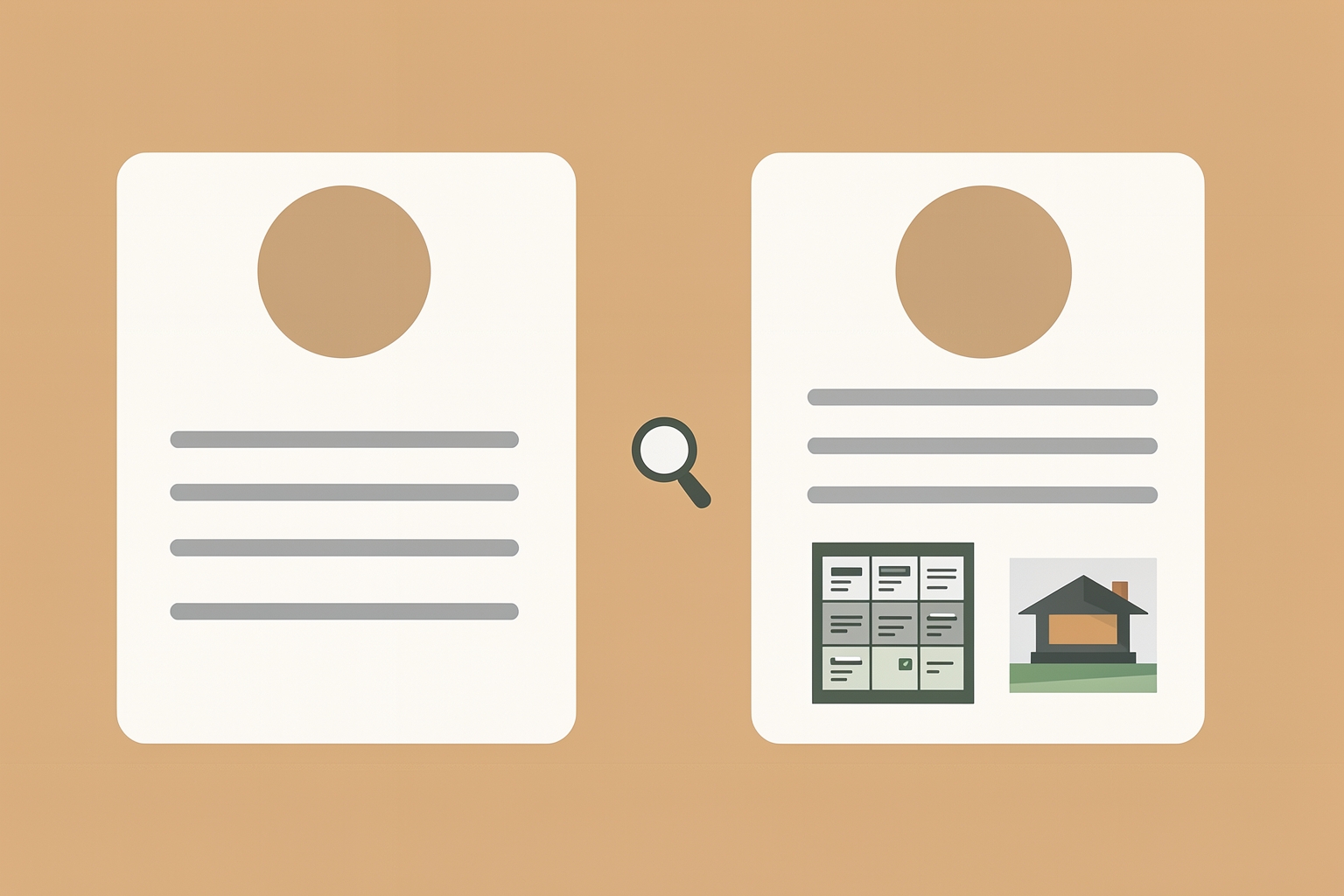 A flat editorial illustration on a tan background featuring two white profile cards. A magnifying glass icon is positioned between them, inspecting the second card which displays additional details like a checklist and a small house icon.
