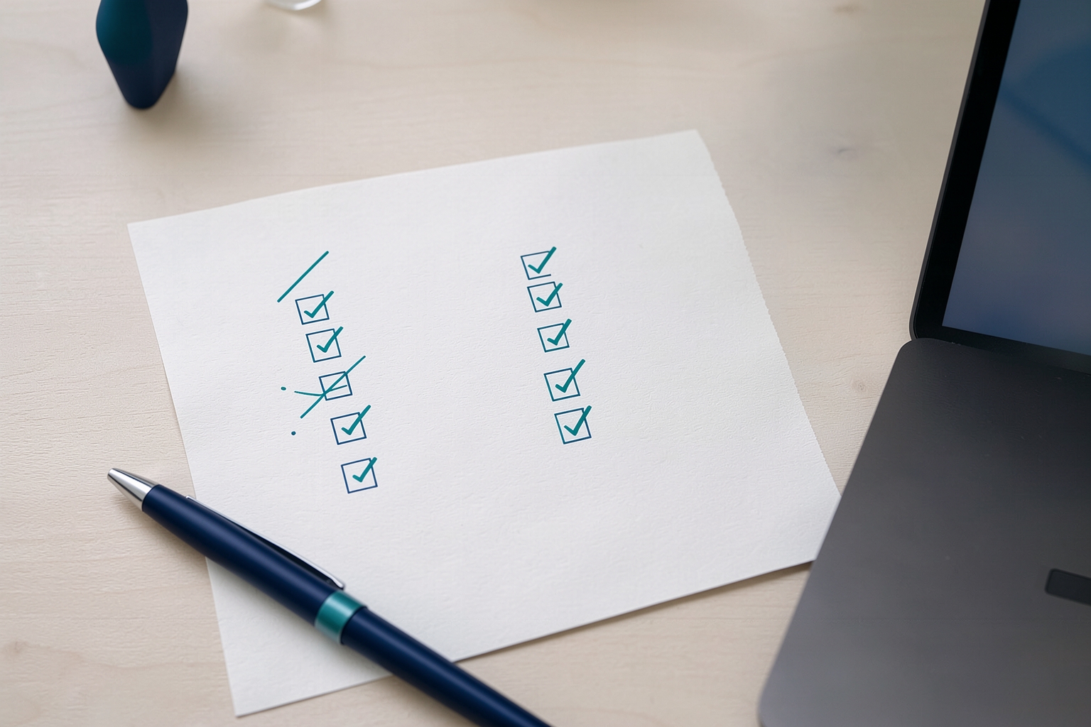 An overhead shot of a white paper checklist with teal checkmarks and lines on a light wood desk, accompanied by a navy and teal pen and the edge of a laptop.