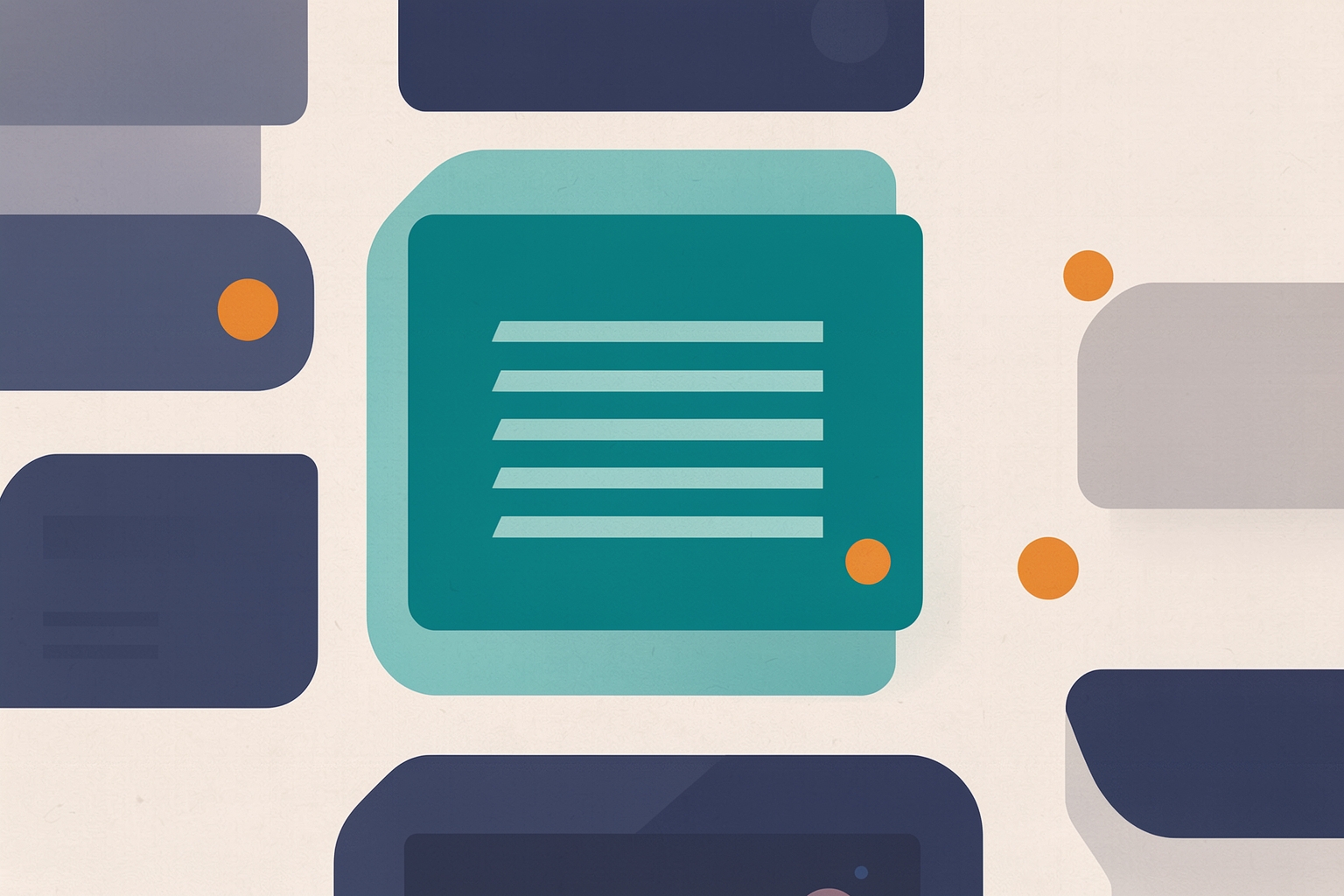 A flat editorial illustration on a textured neutral background featuring a central teal content card with light teal lines, surrounded by navy and grey rounded shapes and small orange circles.
