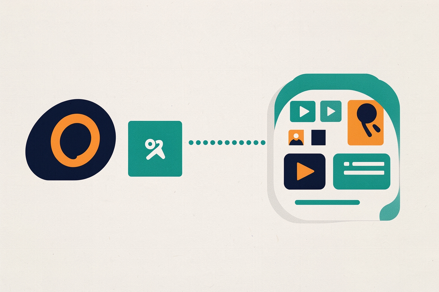 A flat editorial illustration on a textured neutral background featuring a navy oval with an orange circle, a teal square with a white user icon, and a large teal shape containing various content icons connected by a dotted line.