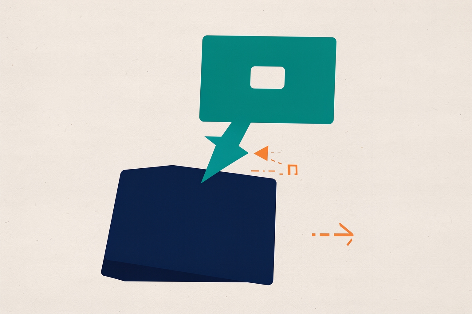 A flat editorial illustration on a textured neutral background featuring a large navy rectangle and a teal shape above it, with a teal arrow pointing from the teal shape to the navy rectangle.