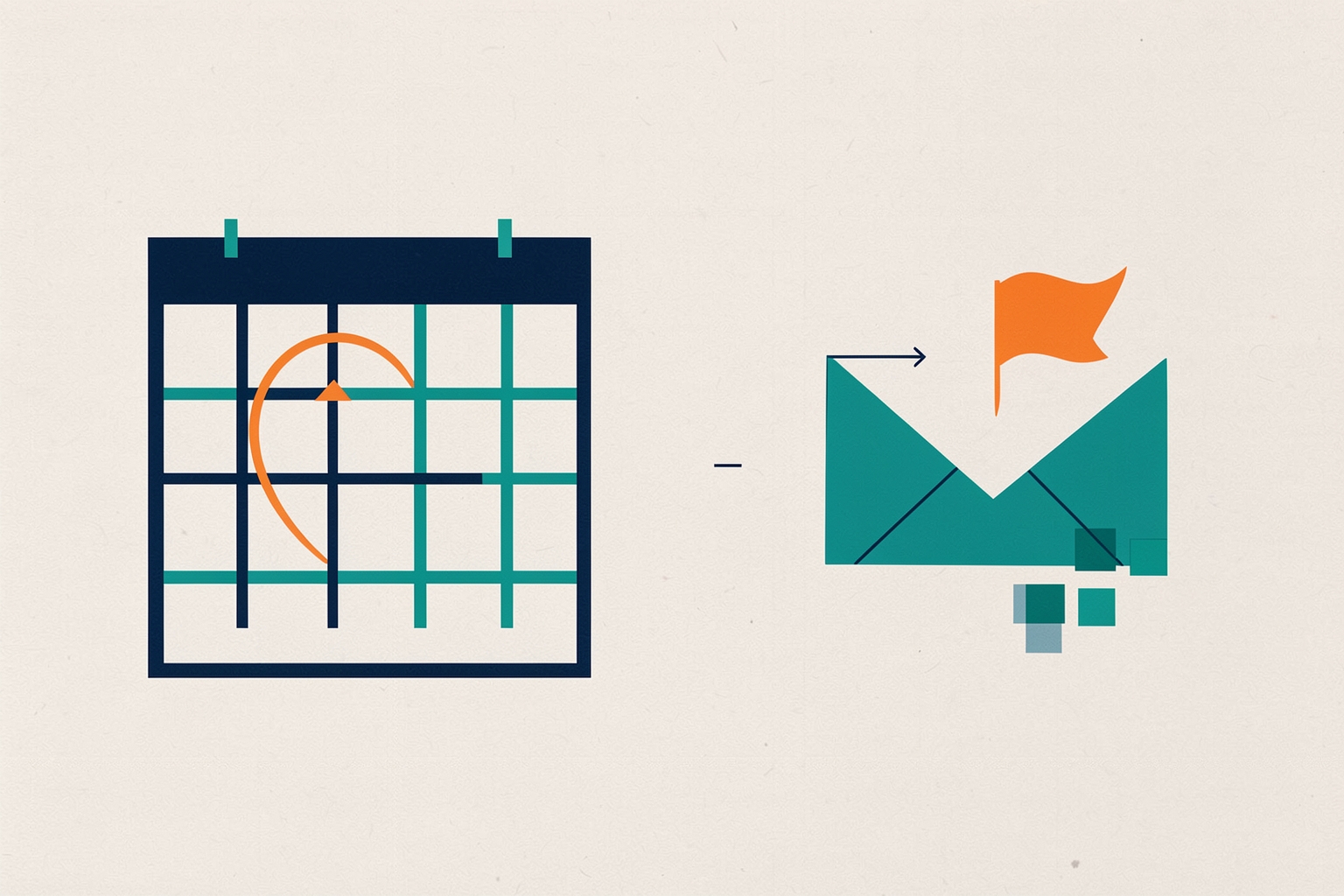 A flat editorial illustration on a textured neutral background featuring a navy blue calendar with teal grid lines and an orange arc, separated by a small dash from a teal envelope with an orange flag.