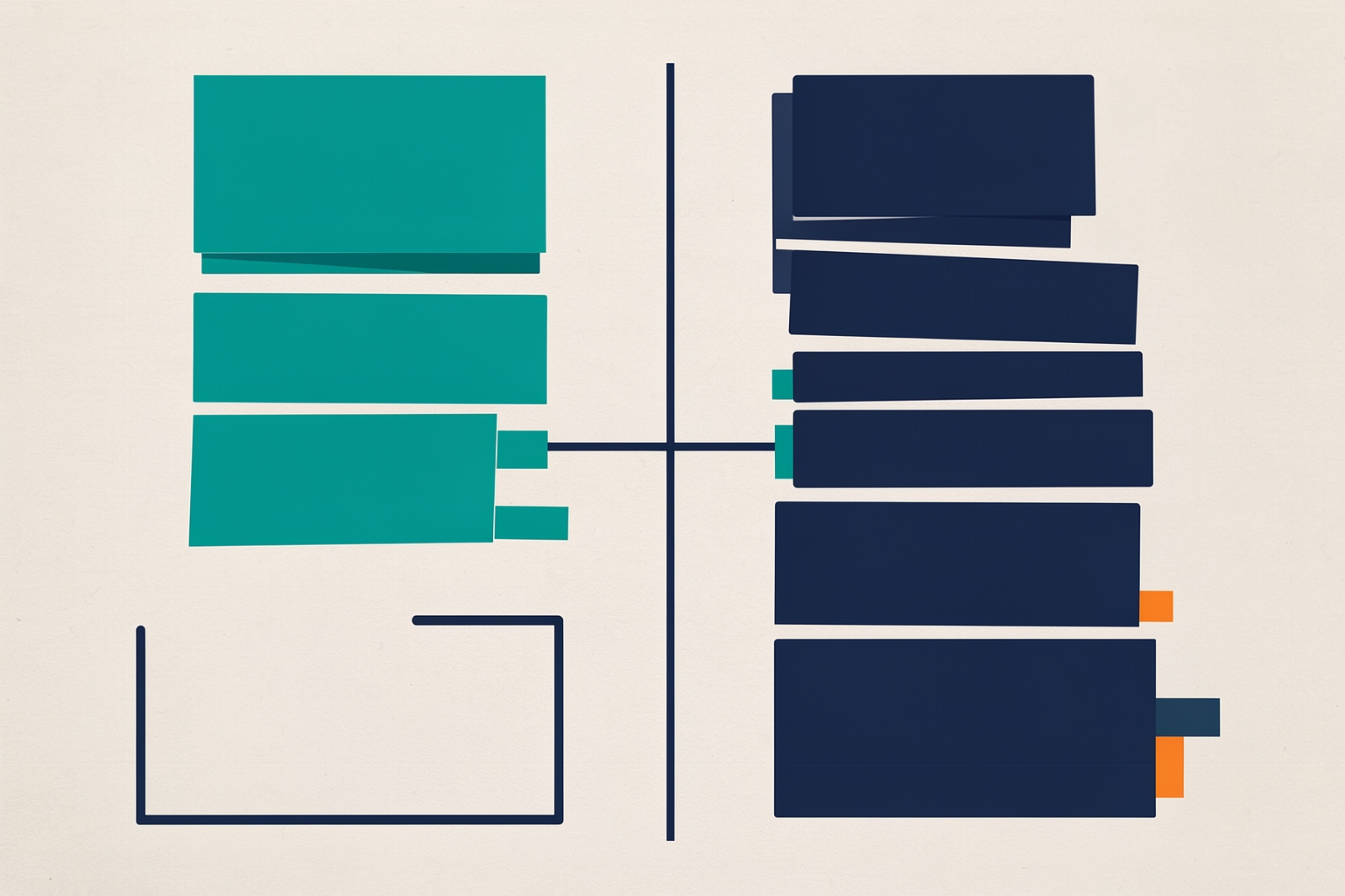 A flat editorial illustration on a textured neutral background featuring teal rectangles on the left and navy rectangles on the right, separated by a vertical navy line and connected by a horizontal line.