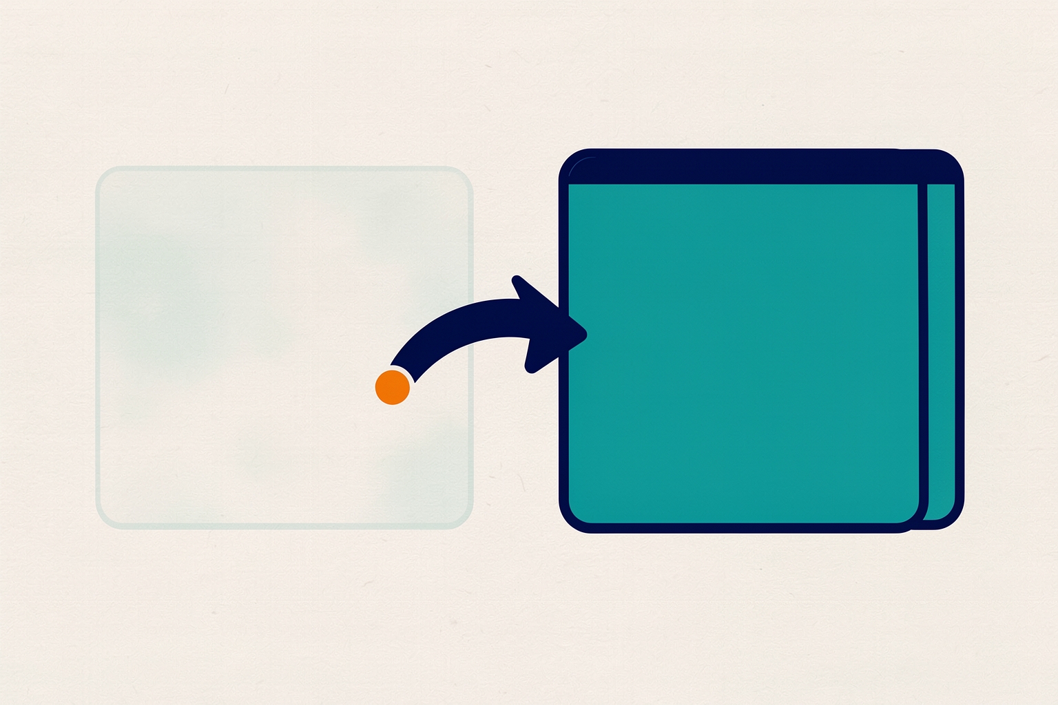 A flat editorial illustration on a textured neutral background. A navy arrow with an orange dot at its tail points from a faint, light teal square toward a larger, solid teal square with a navy border.