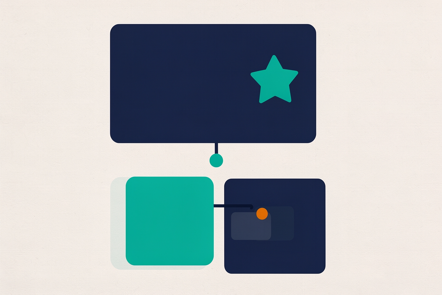 Una ilustración editorial plana sobre un fondo neutro con textura que muestra un rectángulo azul marino grande con una estrella turquesa, conectado a un cuadrado turquesa y a un cuadrado azul marino debajo mediante líneas turquesas y un pequeño punto naranja.