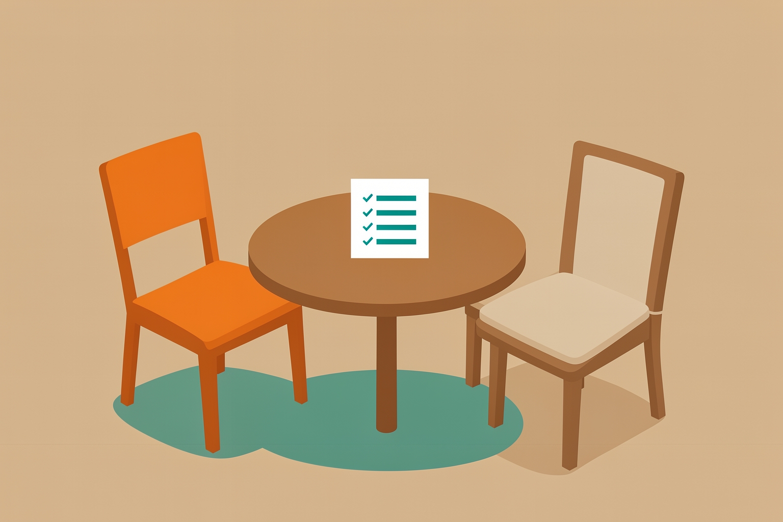 A flat editorial illustration on a tan background shows a round brown table between an orange chair and a beige chair. A white paper with teal checkmarks sits on the table.