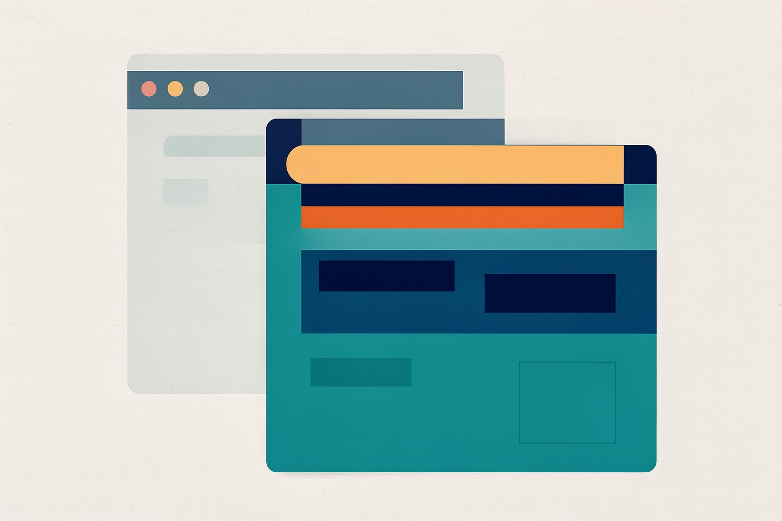 Una ilustración editorial plana sobre un fondo neutro con textura que muestra dos formas rectangulares superpuestas que representan ventanas de navegador, una en turquesa y otra en un tono más claro.