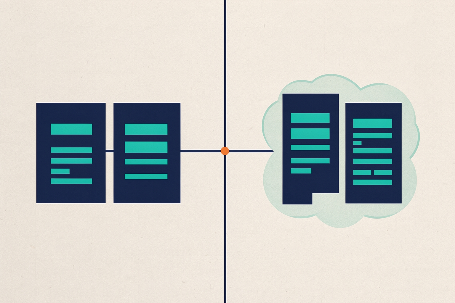 A flat editorial illustration on a textured neutral background featuring two navy blue document shapes with teal lines on the left, and two similar shapes enclosed in a light teal cloud on the right, separated by a central navy crosshair.