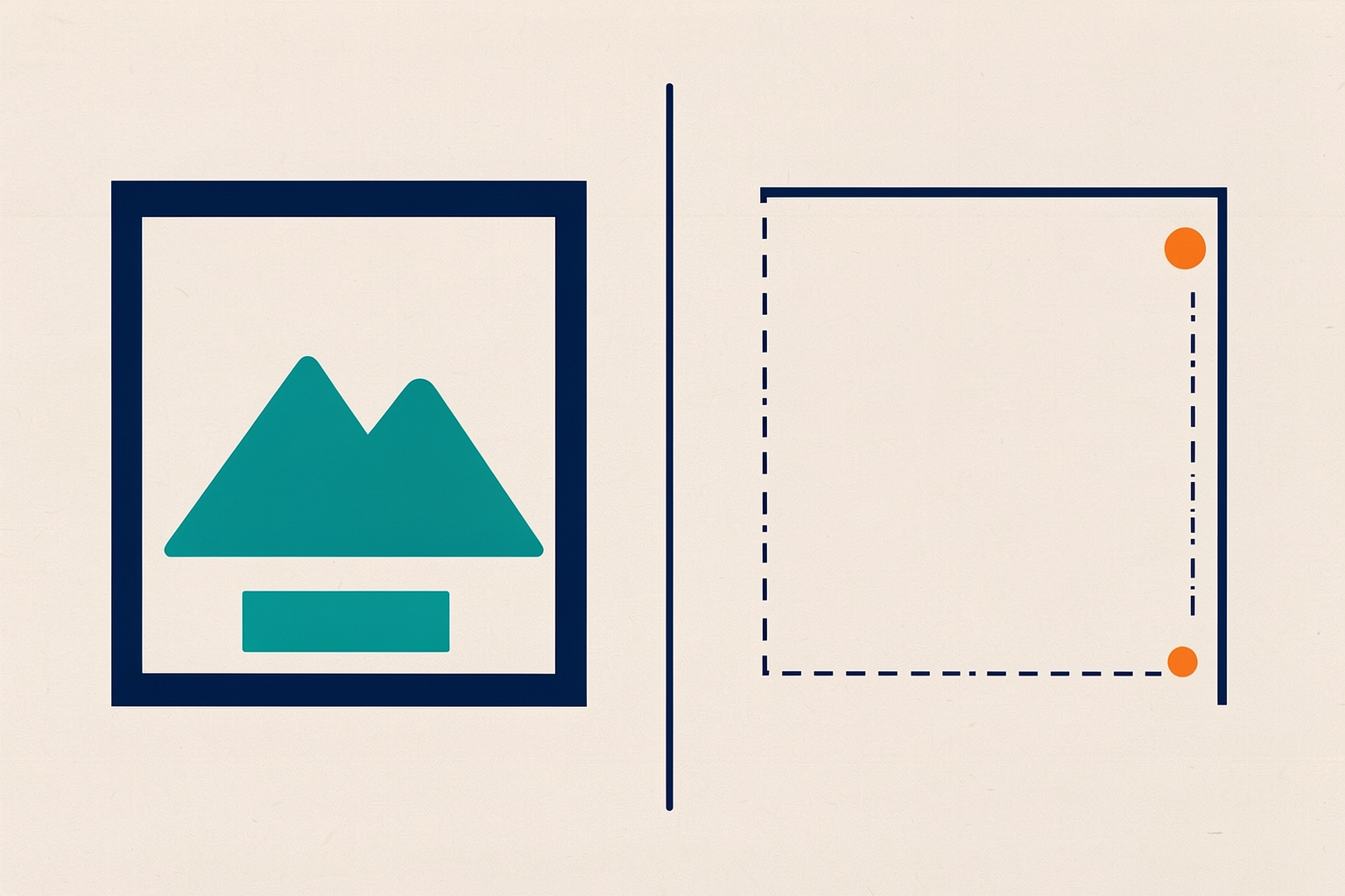 A flat editorial illustration on a textured neutral background. On the left, a navy frame contains a teal mountain icon.