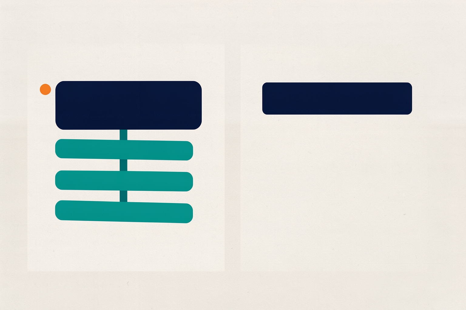 A flat editorial illustration on a textured neutral background. A large navy rectangle is connected by a vertical teal line to three teal horizontal bars below it.