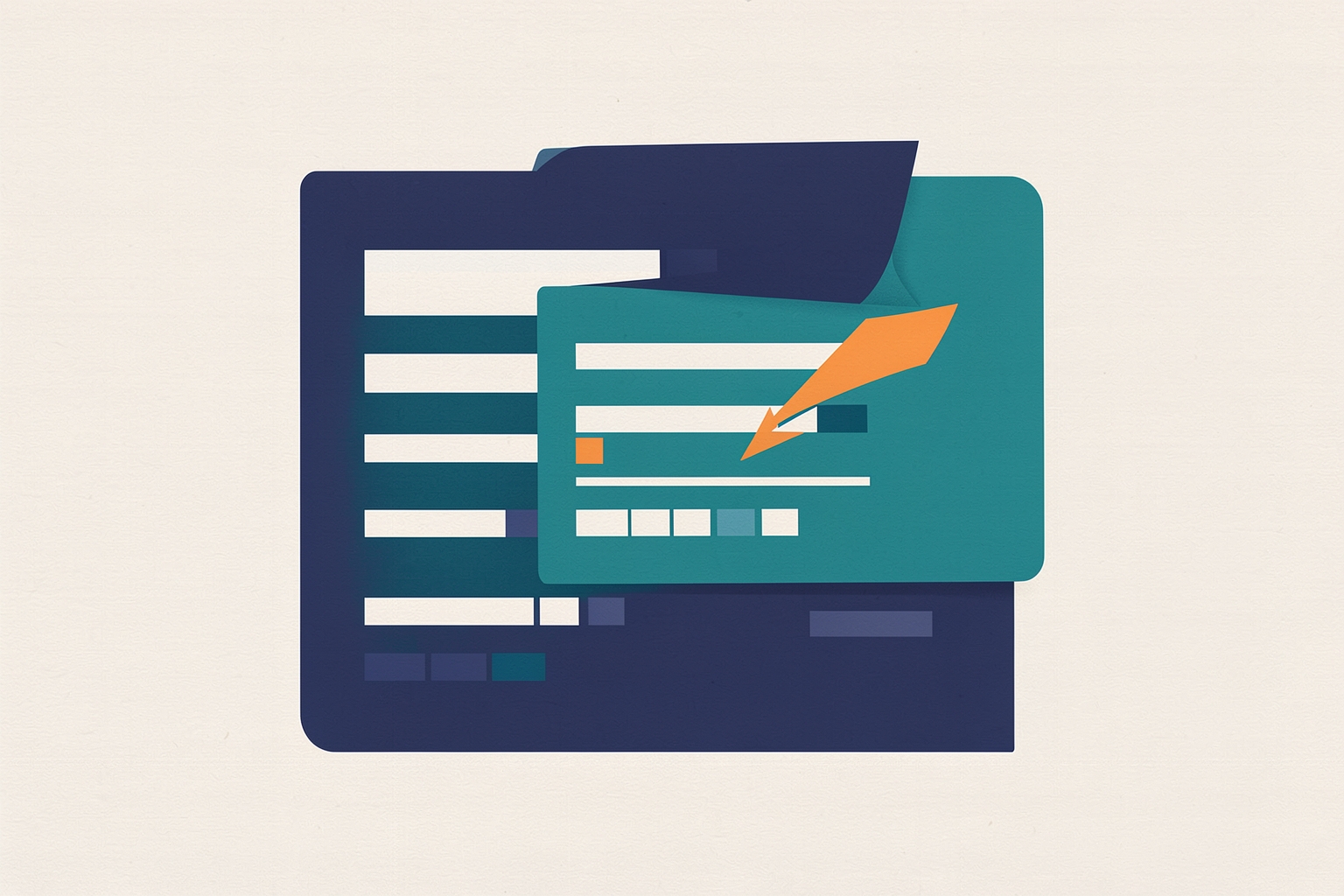A flat editorial illustration on a textured neutral background featuring a large navy rectangle with light teal bars, partially covered by a teal rectangle with an orange accent and an orange arrow pointing towards it.