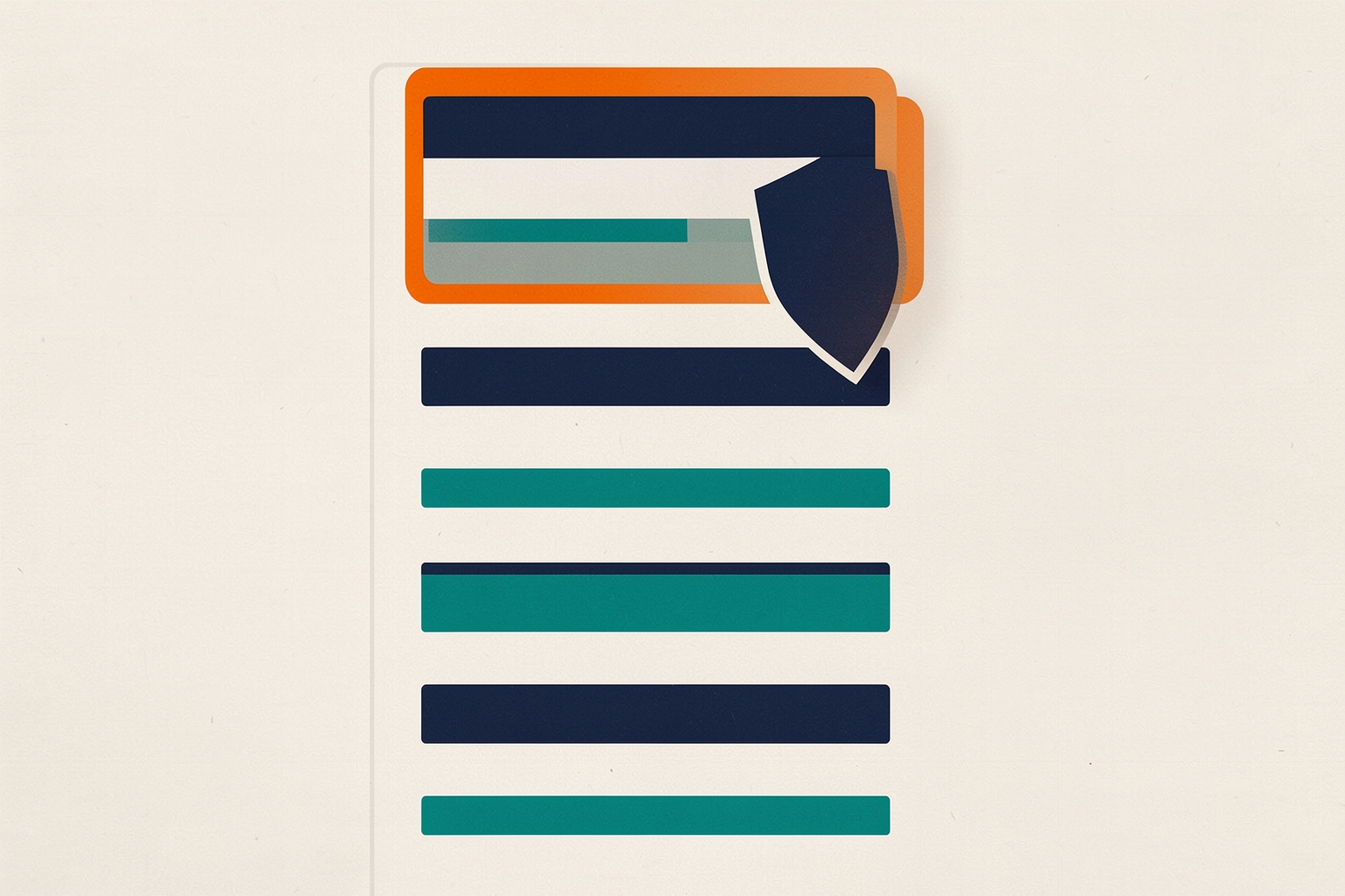 A flat editorial illustration on a textured neutral background featuring a stylized search result snippet block in navy and teal with an orange accent, and a navy shield icon overlapping it.