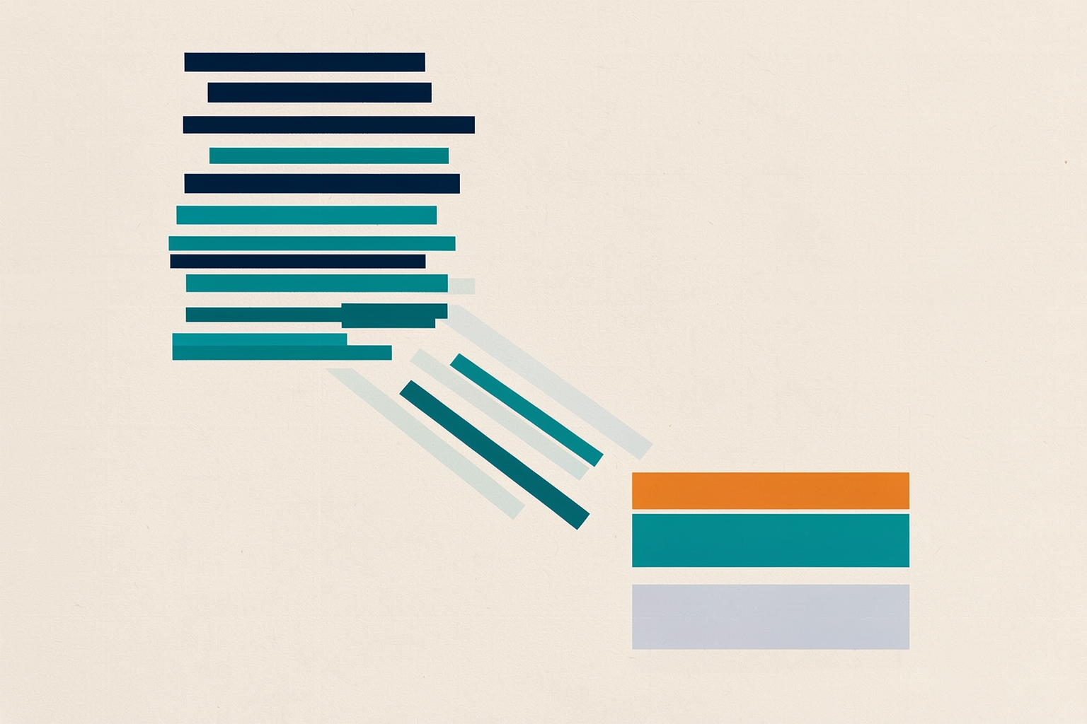A flat editorial illustration on a textured neutral background showing a stack of navy and teal bars being funneled through diagonal shapes into a sorted stack of orange, teal, and light grey bars.