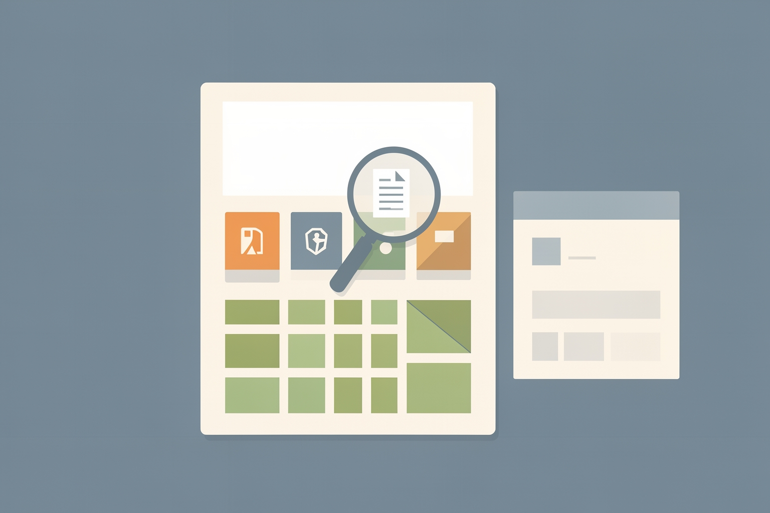 A flat editorial illustration shows a stylized profile page being inspected by a magnifying glass focusing on a document icon.