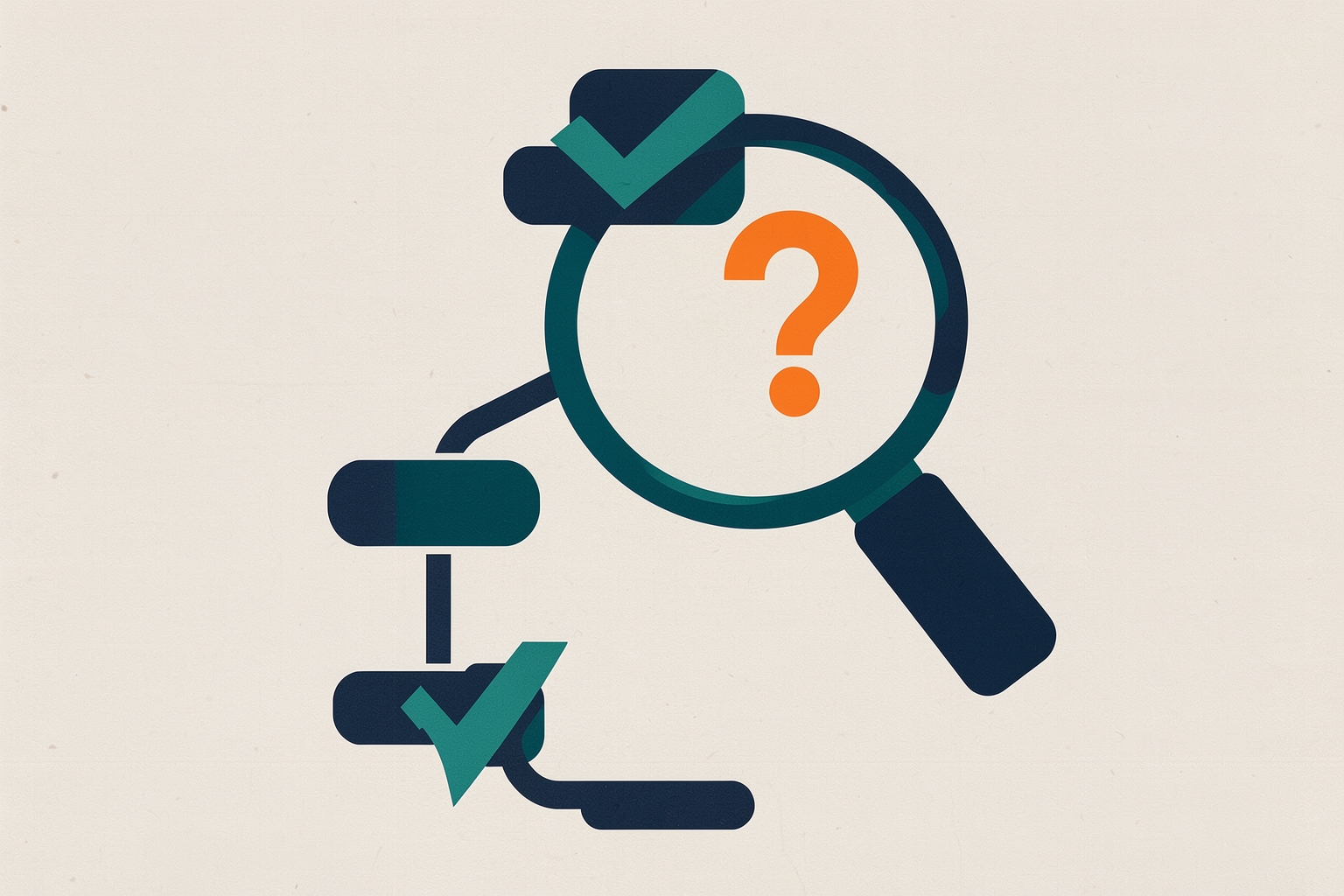 A flat editorial illustration on a textured neutral background showing a navy and teal workflow diagram of connected rounded rectangles.