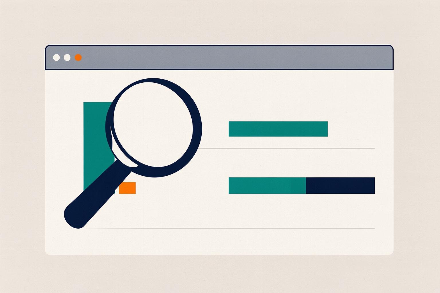 A flat editorial illustration on a textured neutral background featuring a stylized browser window containing a large navy magnifying glass over teal and navy data bars with an orange accent.