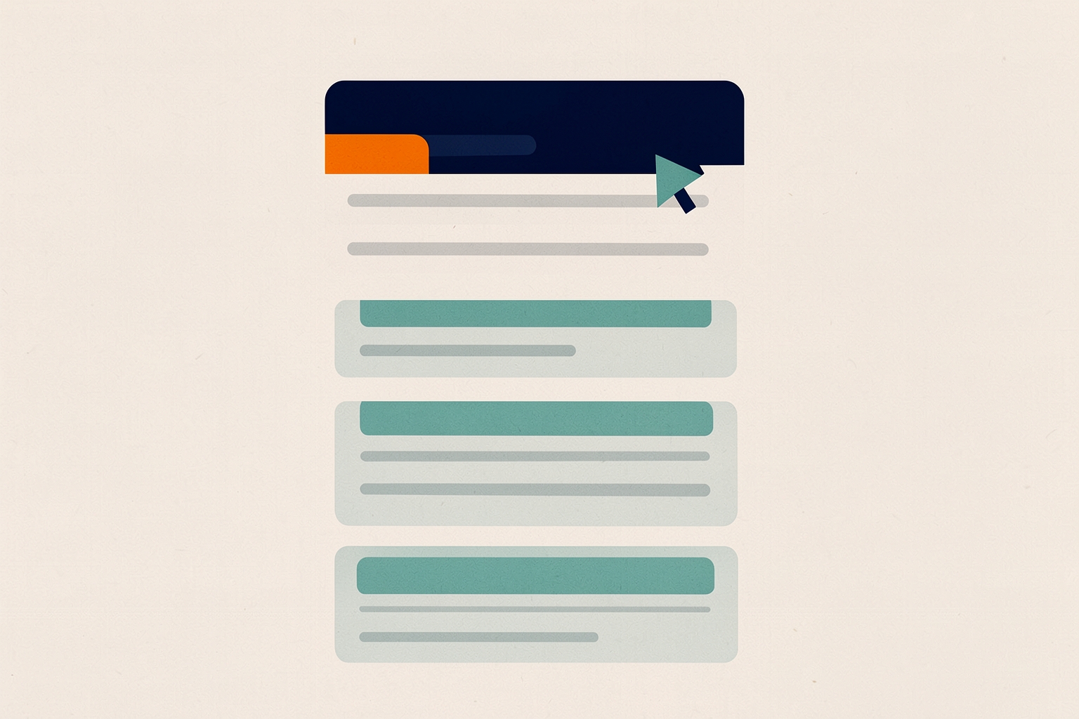 A flat editorial illustration on a neutral background showing a stylized search result interface with a navy blue title bar, an orange accent, and a teal cursor pointing at it, above three teal content bars.