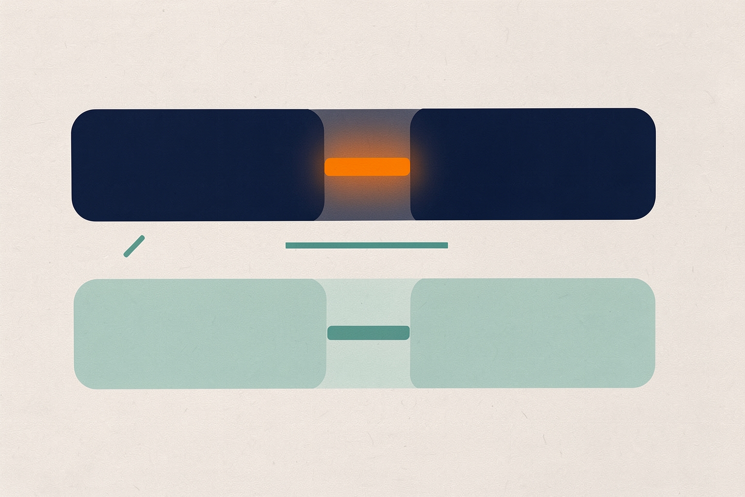 Una ilustración editorial plana sobre un fondo neutro con textura. En la parte superior, dos rectángulos redondeados azul marino están separados por un guion naranja brillante. Debajo, dos rectángulos redondeados verde azulado claro están separados por un guion bajo verde azulado.