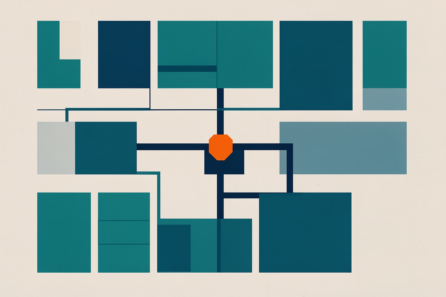 Una ilustración editorial plana sobre un fondo neutro con textura que muestra una red de formas rectangulares azul marino y verde azulado conectadas por líneas oscuras a un cuadrado azul marino central con un octágono naranja encima.