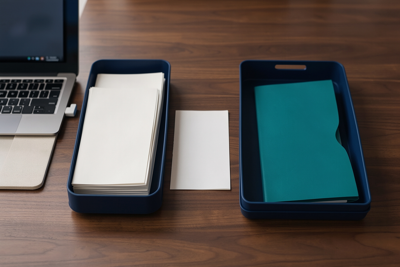 A photographic still life on a wooden desk featuring a laptop, two navy blue trays, and folders. One tray contains white papers, while the other contains a teal folder. A single white card sits between the trays.