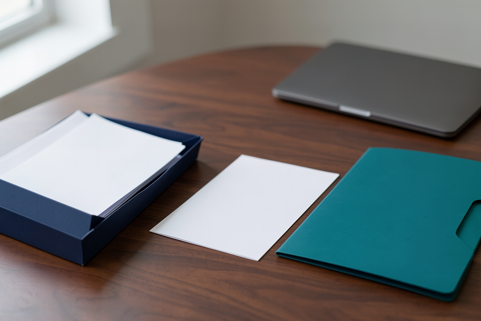 A photographic still life on a wooden table featuring a navy blue tray with white papers, a single white sheet of paper, a teal folder, and a closed grey laptop under natural window light.