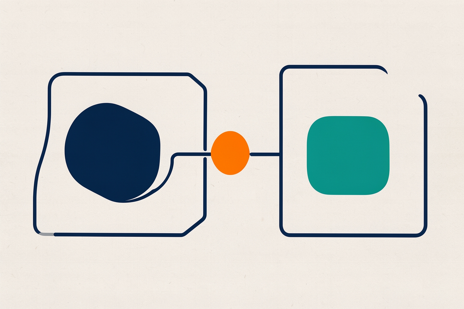 A flat editorial illustration on a textured neutral background featuring two navy-outlined containers connected by a line passing through an orange circle. One container holds a navy shape, and the other holds a teal rounded square.