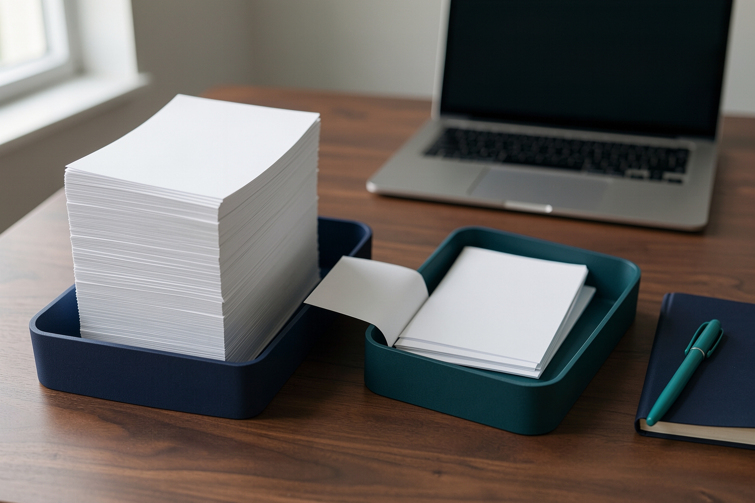 A wooden desk features a laptop with a dark screen, two matte trays in navy and teal containing stacks of blank white paper, and a dark blue notebook with a teal pen.