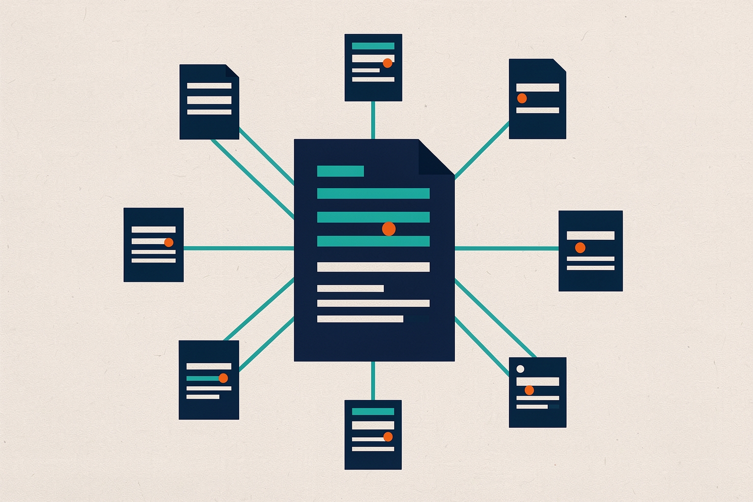 A flat editorial illustration on a textured neutral background featuring a large navy document in the center, connected by teal lines to eight smaller navy documents arranged in a circle.