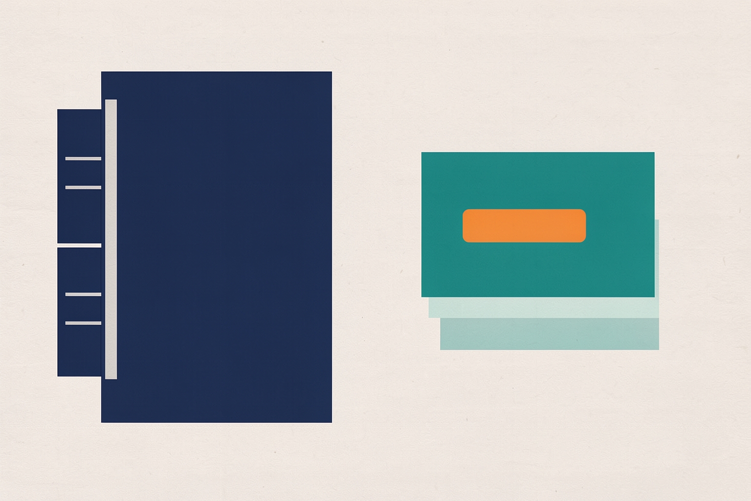 A flat editorial illustration on a textured neutral background showing a large navy rectangle next to a stack of teal rectangles, with the top teal rectangle featuring an orange accent.