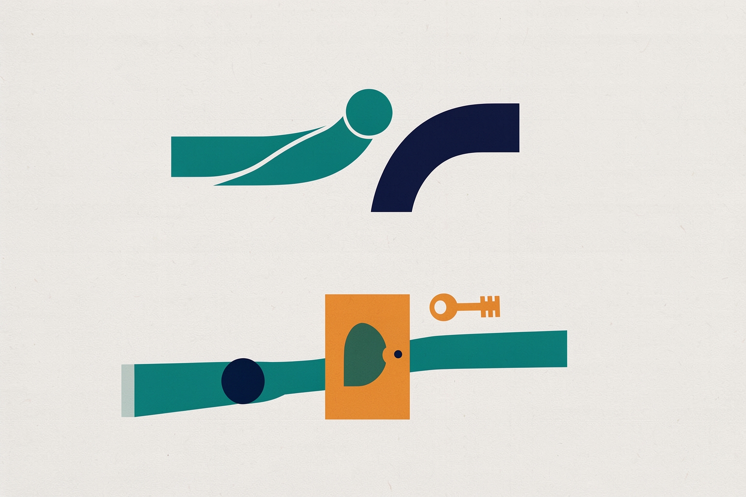 A flat editorial illustration on a textured neutral background. The top shows a teal contact shape moving toward a navy split path.