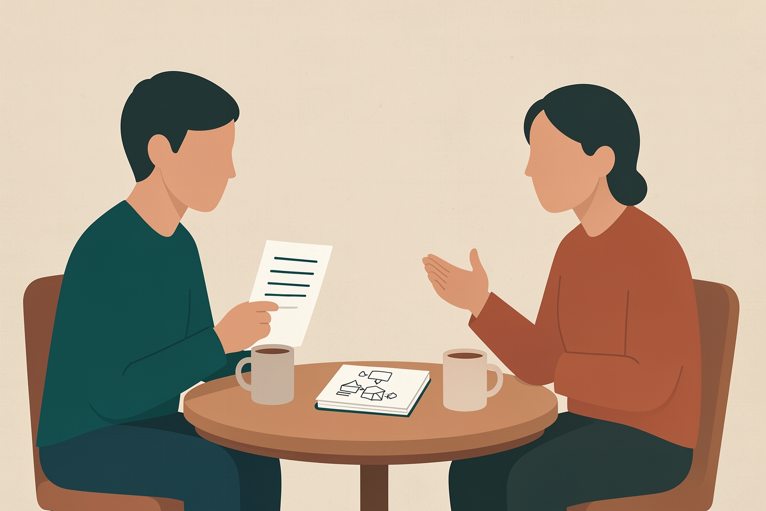 A flat editorial illustration of two people sitting at a small round table, engaged in a conversation. One person holds a piece of paper, and there are two mugs and a notebook on the table between them.