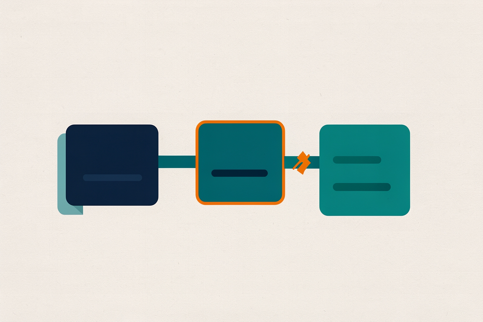 A flat editorial illustration on a textured neutral background showing a sequence of three rounded rectangles connected by a navy line and an orange broken link icon.