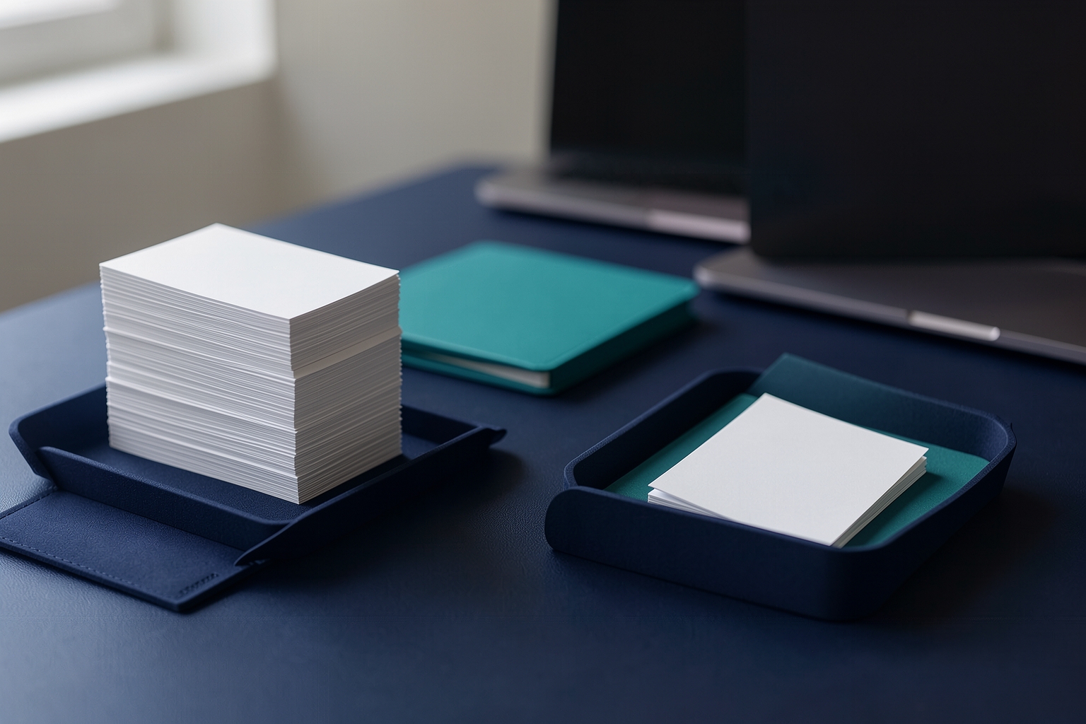 A photographic still life on a navy blue desk featuring a stack of white cards in a navy tray, a teal notebook, and another small stack of cards in a separate tray, with a defocused laptop in the background.