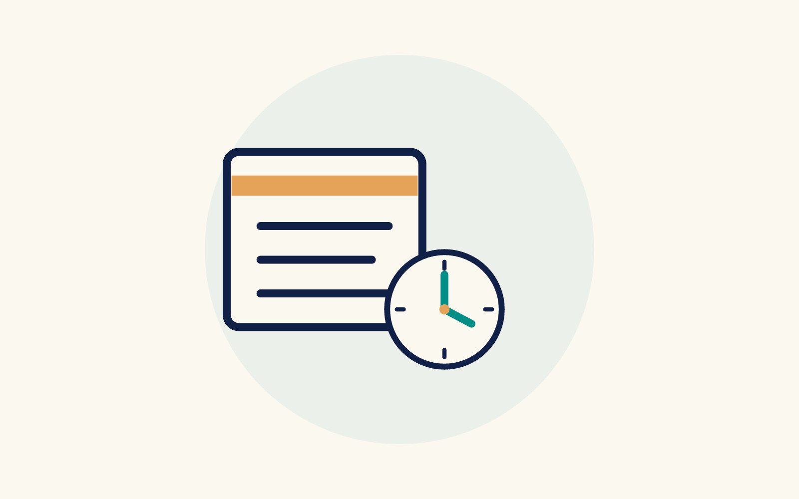 A flat editorial illustration featuring a navy blue webpage icon with a teal bar and navy lines, partially overlapped by a smaller teal clock icon on a light neutral background with a large pale teal circle.
