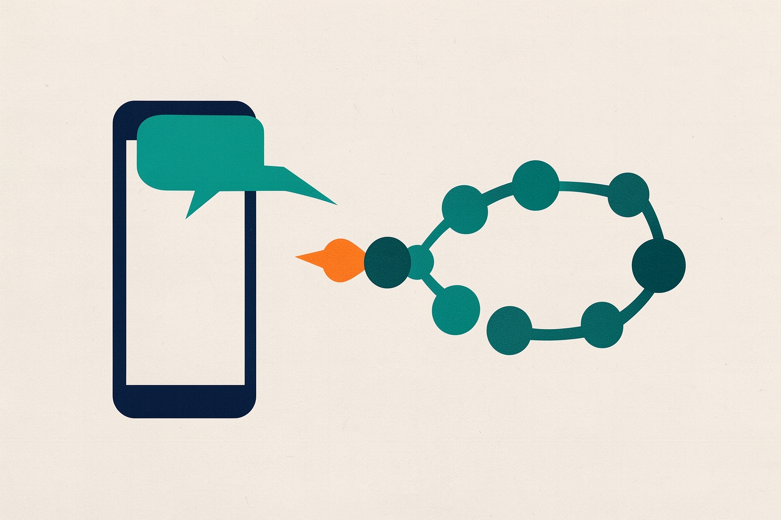 A flat editorial illustration on a textured neutral background. A navy smartphone icon on the left has a teal speech bubble emerging from it. The speech bubble connects via a small orange shape to a teal chain of connected circles on the right.