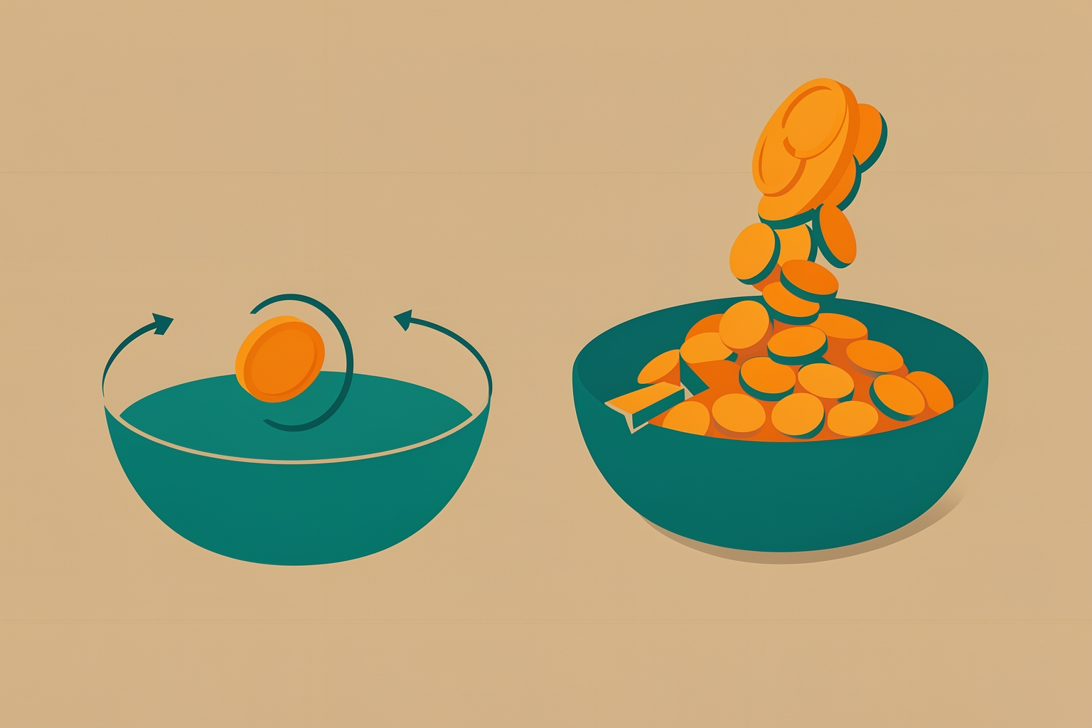 Una ilustración editorial plana sobre un fondo beige que compara dos métodos de financiación: una sola moneda naranja que circula en un recipiente turquesa a la izquierda, y un chorro de monedas naranjas cayendo en un recipiente turquesa a la derecha.