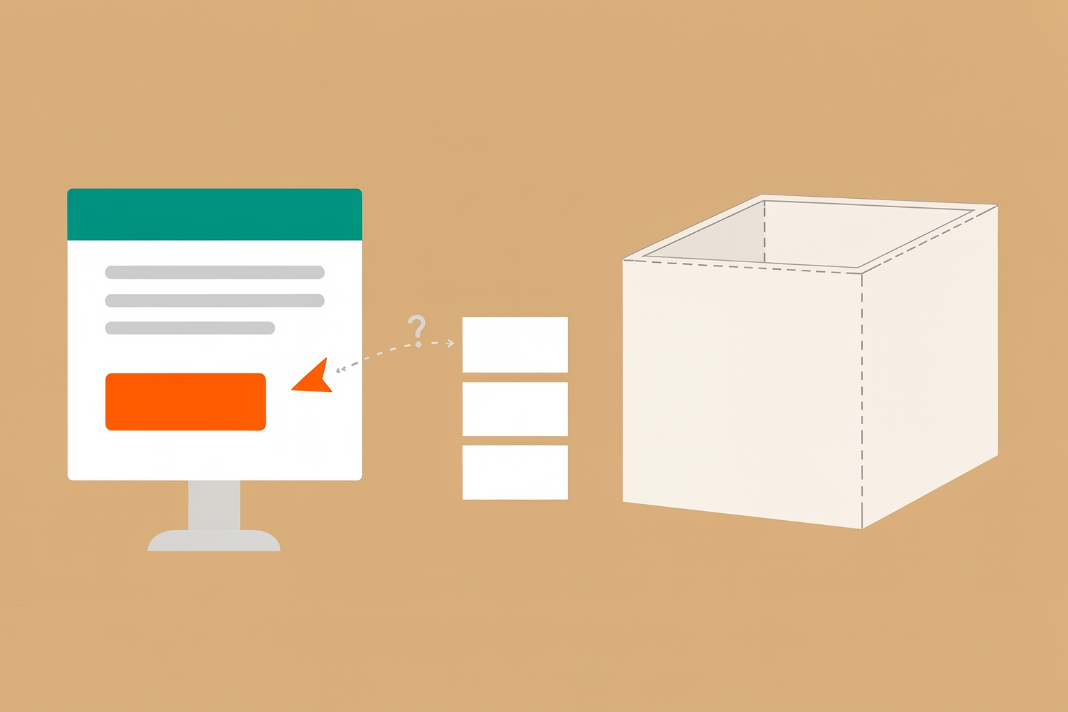 A flat editorial illustration on a tan background featuring a computer monitor with a green header and an orange button, and an empty white box. A dashed arrow and a question mark connect three white rectangles to the monitor.