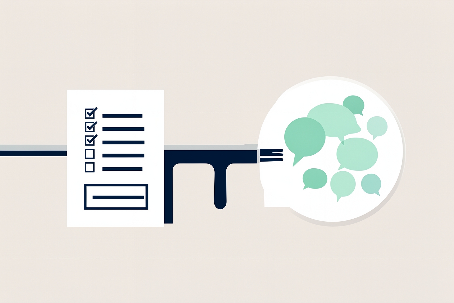 A flat editorial illustration on a tan background showing a white document with a navy checklist on the left, connected by a navy line to a large white speech bubble on the right containing several mint-colored speech bubbles.