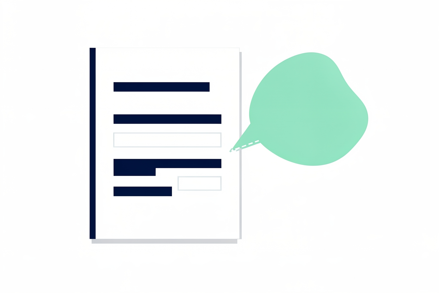 A flat editorial illustration of a white document with navy blue bars and light gray rectangles, accompanied by a mint green speech bubble.