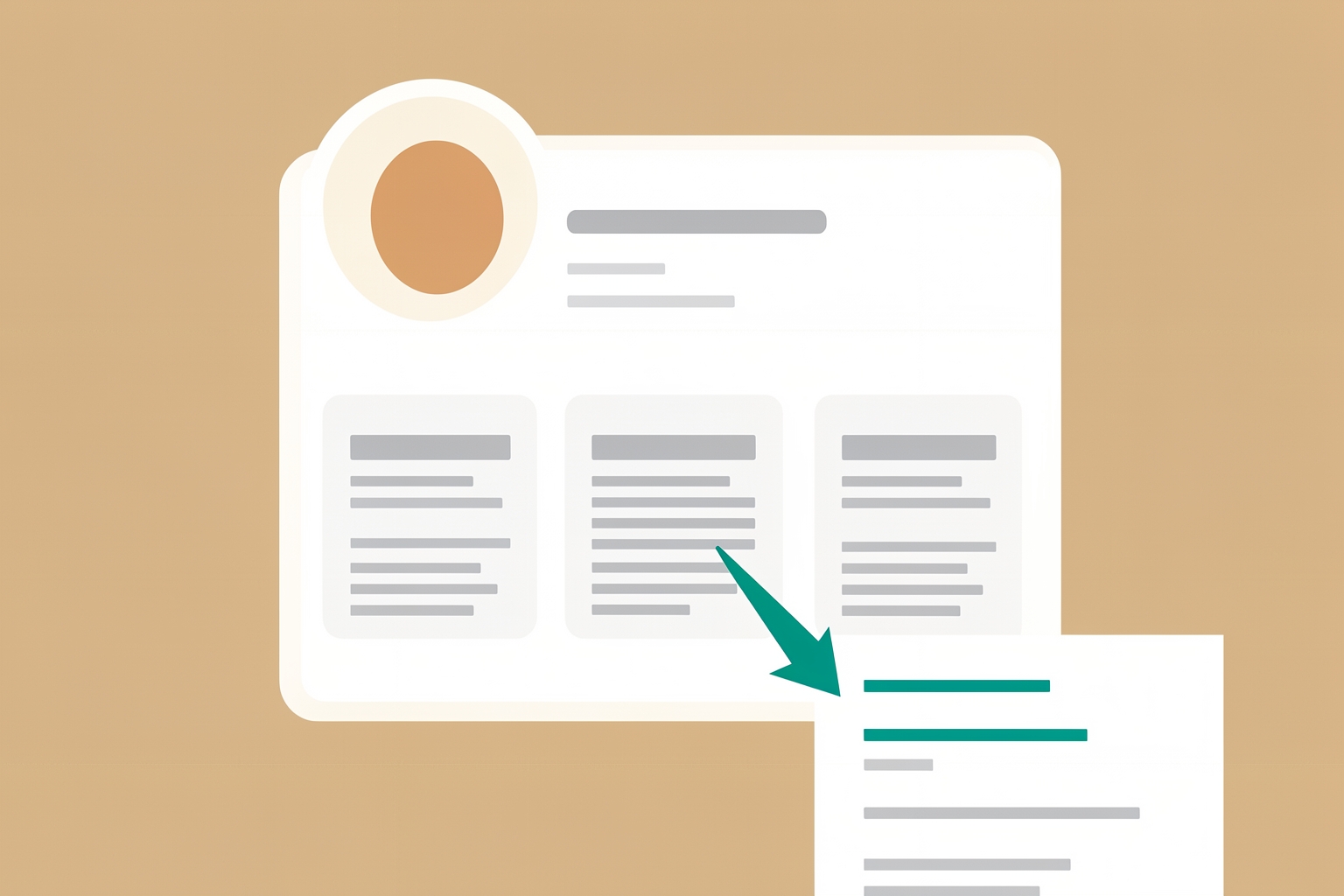 A flat editorial illustration shows a white digital profile card with a tan circular avatar being connected by a green arrow to a white document.