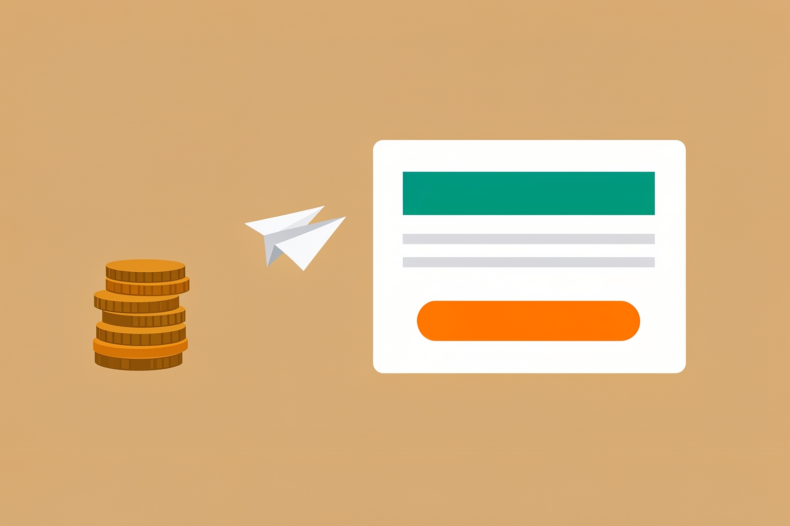 A flat editorial illustration on a tan background shows a stack of gold coins on the left, a white paper airplane flying towards a white rectangular card on the right, which contains teal and orange shapes.