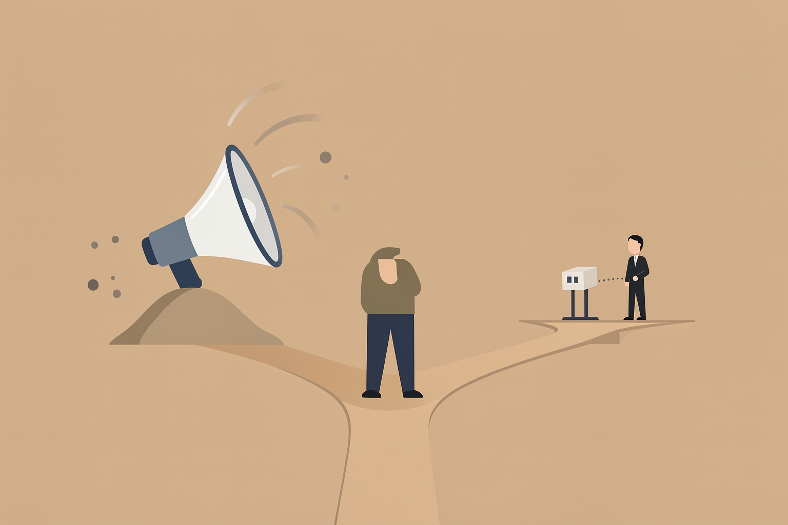 A flat editorial illustration of a person standing at a fork in a path. One path leads to a large megaphone on a mound, while the other path leads to a small mailbox and a person.