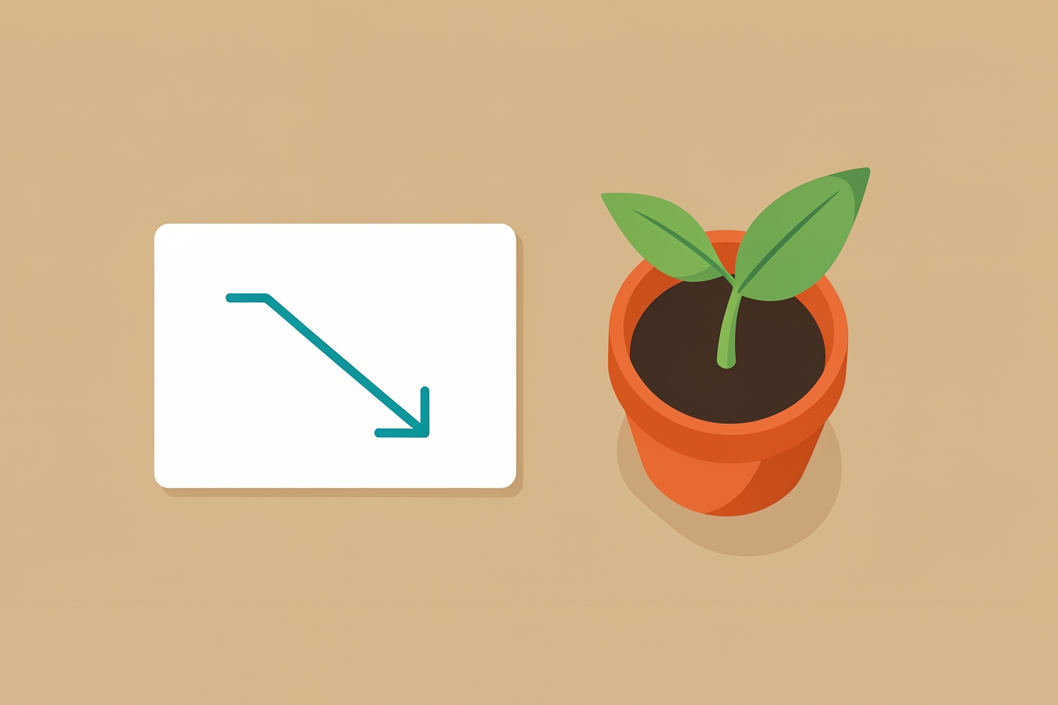 A flat editorial illustration on a tan background featuring a white rectangular card with a teal downward-trending arrow next to a small green plant in an orange pot.